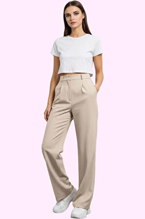 Kadın Yüksek Bel Geniş Paça Dokuma Pantolon Çift Cepli Casual Ofis Yaz Aylarının Vazgeçilmezi