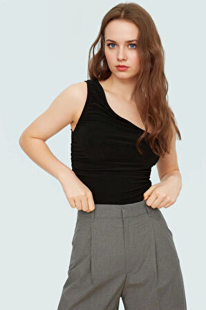 Fitted Tek Omuz Bluz Esnek Örme Crop Boy Modern Stil Premium Kalite Seçkin Malzeme