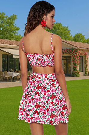 Çiçekli Desenli Mini Viskoz Elbise Cut Out Detaylı Skater Plaj Mükemmel Uyum Özenle Seçilmiş
