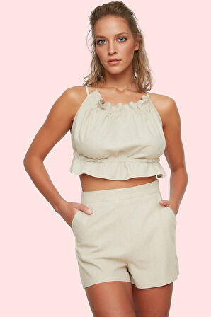 Kadın Düz Desenli Rahat Plaj Şortu Yazlık Keten Karışımlı Kemersiz Boru Paça Günlük Kullanım