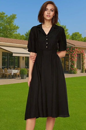 A Kesim Gipeli Midi Elbise Balon Kol Viskoz Günlük Kombin Uzun Ömürlü Özenle Seçilmiş Mükemmel Uyum