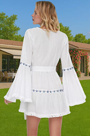 Nazar Boncuklu Pamuk Mini Elbise Plaj ve Günlük Stil Konforlu Kesim Günlük Kullanım İçin