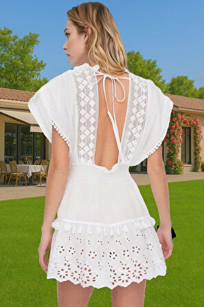 Brode Detaylı V Yaka Pamuklu Mini Elbise Yaz Koleksiyonu Rahat Ve Şık Modern Stil Modern Stil