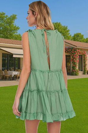 Pamuklu V Yaka Mini Elbise Geniş Kalıp Fırfırlı Yazlık Elbise Şık Görünüm Dayanıklı Malzeme