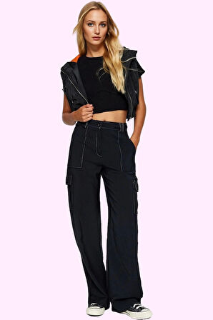 Kadın Geniş Paça Kargo Pantolon Yüksek Bel Düz Desen Aerobin Dokuma Günlük Stil Hafta Sonu