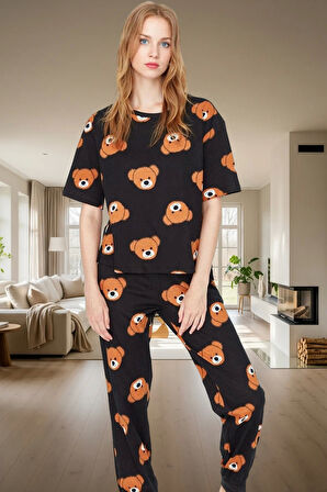 Ayıcıklı Kadın Pijama Takımı; %100 Pamuk Boru Paça Regular Kalıp Konforlu Kesim