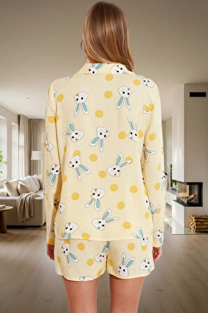 Rahat Viskoz Pijama Takımı Tavşan Desenli Şortlu Düğmeli Boru Paça Evde Konfor