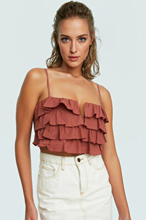 Pamuklu Crop Bluz Plaj Stilleri İçin Fırfırlı Kolsuz Rahat Kesim Kaliteli İşçilik