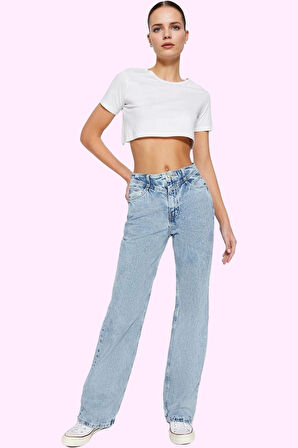 Kadın Pamuk Denim Jean Yüksek Bel Geniş Paça Günlük ve Şık Stil Yaz Aylarının Vazgeçilmezi