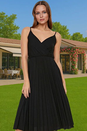 Yazlık Casual Ayarlanabilir Askılı Pileli Midi Elbise Seçkin Malzeme Yüksek Kalite Rahat Kullanım