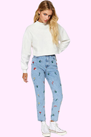 Kadın Pamuk Mom Jean Çiçekli Desenli Yüksek Bel Regular Rahat Günlük Kullanım Modern Tasarım