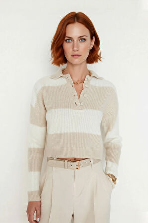 Kadınlara Özel Selanik Dokulu Baskısız Uzun Kollu Rahat Basic Crop Triko Kazak Modeli Kaliteli