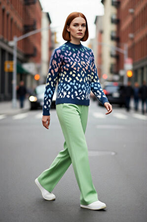 Kadın Oversize Animal Desenli Triko Kazak Konforlu Bisiklet Yaka Uzun Reglan Kol Kış Stiliyle Şıklık