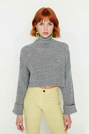 Kadın Oversize Super Crop Balıkçı Yaka Kışlık Triko Kazak Uzun Kollu Rahat Ve Şık Stil Kaliteli