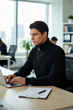 Erkeklerin Soğuk Havalarda Tercihi Regular Kalın Fermuarlı Dik Yaka Selanik Triko Kazak Modeli