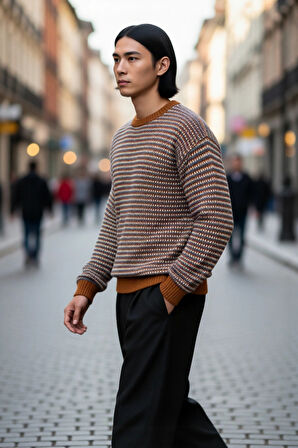 Erkek Casual Bisiklet Yaka Çizgili Dokuma Akrilik Kazak Günlük Kullanım İçin İdeal Uzun Kollu