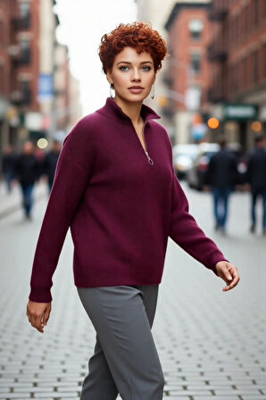 Kadın Oversize Basic Dokulu Uzun Kollu Fermuarlı Dik Yaka Selanik Örgü Triko Kazak Kaliteli