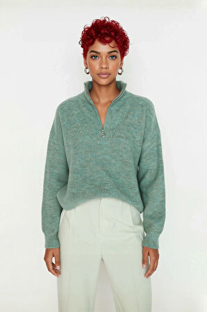 Kadın Oversize Basic Dokulu Uzun Kollu Fermuarlı Dik Yaka Selanik Örgü Triko Kazak Kaliteli