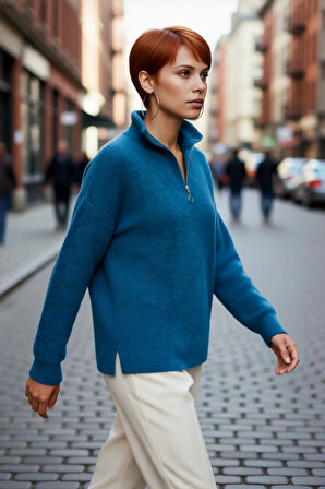 Kadın Oversize Basic Dokulu Uzun Kollu Fermuarlı Dik Yaka Selanik Örgü Triko Kazak Kaliteli