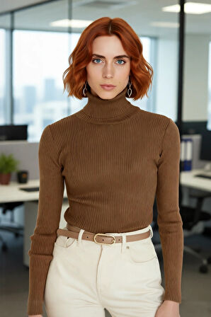 Kadın Fitted Balıkçı Yaka Akrilik Triko Kazak Soğuk Günler İçin Uzun Kollu Şık ve Modern Seçenek