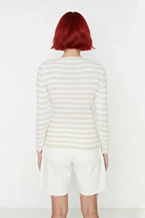 Kadın Çizgili Triko Fitted Uzun Kol Bisiklet Yaka Akrilik Basic Casual Günlük Kazak Kaliteli