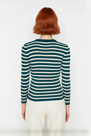 Kadın Çizgili Triko Fitted Uzun Kol Bisiklet Yaka Akrilik Basic Casual Günlük Kazak Kaliteli