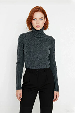 Kadınlara Özel Basic Super Crop Triko Kazak Dik Yaka Uzun Kollu Saç Örgülü Günlük Şıklık Kaliteli