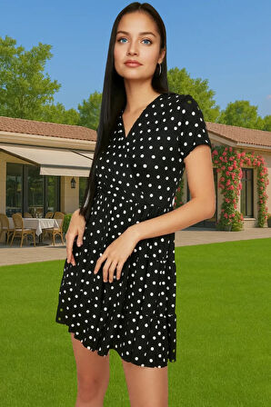 Kadın Yazlık Mini Elbise Polyester Elastan Kumaşlı Kisa Kol Konforlu Kesim Özenle Seçilmiş