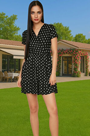 Kadın Yazlık Mini Elbise Polyester Elastan Kumaşlı Kisa Kol Konforlu Kesim Özenle Seçilmiş