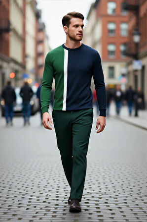 Erkek Basic Siluet Bisiklet Yaka Renk Bloklu Uzun Kollu Fitted Kalıp İntersia Triko Kazak Kaliteli