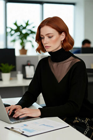 Kadın Basic Siluet Triko Kazak Düşük Kol Choker Yaka Tül Detaylı Kış Stiline Modern Dokunuş