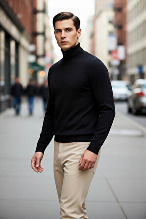 Erkek Slim Fit Balıkçı Yaka Akrilik Uzun Kollu Triko Kazak Günlük Ve Smart Stiller İçin Uygun