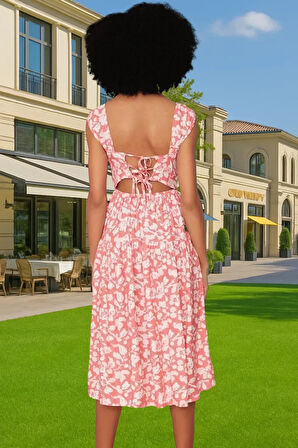 Şık Çiçekli Desenli Midi Boy Skater Elbise Viskoz Kumaş Rahat Kaliteli İşçilik Trend Tasarım