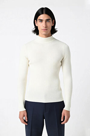 Erkek Dik Yaka Uzun Kol Fitilli Dar Kalıp Triko Kazak Kış Sezonu İçin Modern ve Konforlu Stil