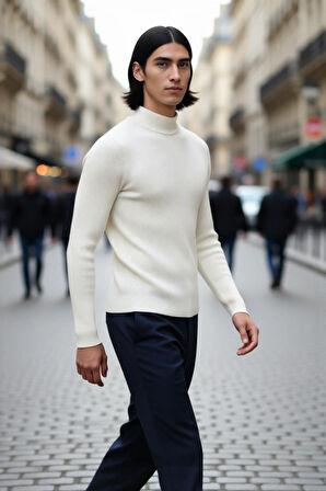 Erkek Dik Yaka Uzun Kol Fitilli Dar Kalıp Triko Kazak Kış Sezonu İçin Modern ve Konforlu Stil