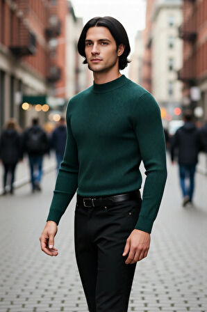 Erkek Dik Yaka Uzun Kol Fitilli Dar Kalıp Triko Kazak Kış Sezonu İçin Modern ve Konforlu Stil