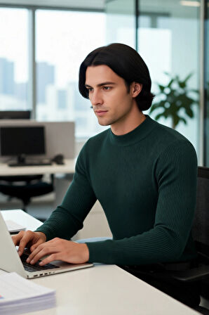 Erkek Dik Yaka Uzun Kol Fitilli Dar Kalıp Triko Kazak Kış Sezonu İçin Modern ve Konforlu Stil