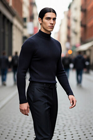 Erkek Dik Yaka Uzun Kol Fitilli Dar Kalıp Triko Kazak Kış Sezonu İçin Modern ve Konforlu Stil