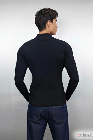 Erkek Dik Yaka Uzun Kol Fitilli Dar Kalıp Triko Kazak Kış Sezonu İçin Modern ve Konforlu Stil