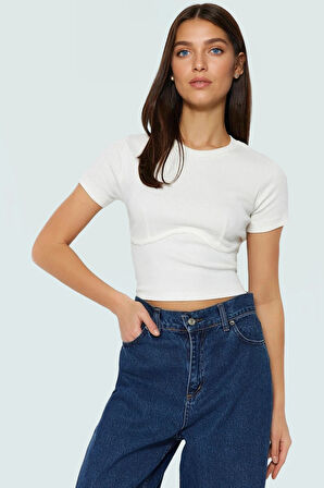 Rahat Pamuklu Kaşkorse Crop Bluz Bisiklet Yaka Kısa Kol Yazlık Ve Şık