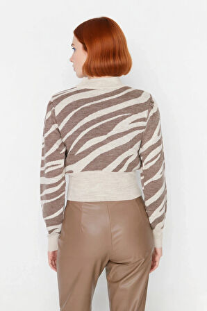 Kadınlara Özel Pembe Zebra Desenli Dik Yaka Uzun Kollu Crop Triko Kazak Kış Şıklığı İçin Kaliteli