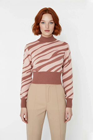 Kadınlara Özel Pembe Zebra Desenli Dik Yaka Uzun Kollu Crop Triko Kazak Kış Şıklığı İçin Kaliteli