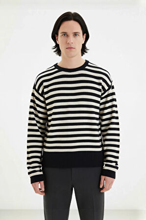 Erkek Günlük Oversize Bisiklet Yaka Çizgili Triko Kazak Standart Uzun Kol Fitilli Dokuma Kaliteli