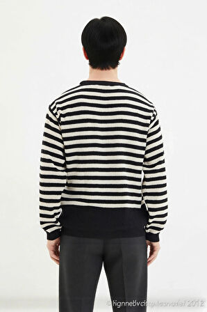 Erkek Günlük Oversize Bisiklet Yaka Çizgili Triko Kazak Standart Uzun Kol Fitilli Dokuma Kaliteli