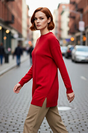 Kadın Relaxed Kalıp Triko Tunik Bisiklet Yaka Akrilik Düşük Kol Düz Desenli Yırtmaç Detaylı İnce