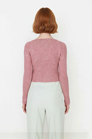 Kadın Akrilik Materyal Düz Desen Uzun Kollu V Yaka Fitted Crop Triko Kazak Kışlık Kombinlerinize