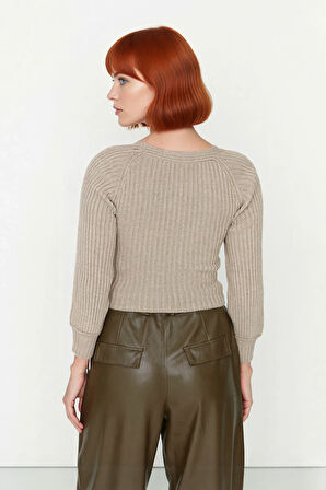 Kadın Kalp Yaka Crop Triko Kazak Regular Kalıp Uzun Kollu Fitilli Akrilik Günlük Şık Giyim