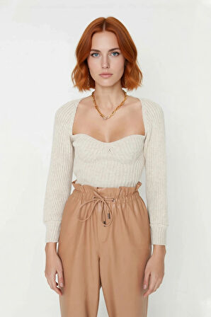 Kadın Kalp Yaka Crop Triko Kazak Regular Kalıp Uzun Kollu Fitilli Akrilik Günlük Şık Giyim