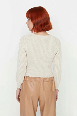 Kadın Kalp Yaka Crop Triko Kazak Regular Kalıp Uzun Kollu Fitilli Akrilik Günlük Şık Giyim