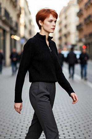 Kadın Regular Kalıp Selanik Örgü Fermuarlı Dik Yaka Crop Triko Kazak Soğuk Havaların Şık Seçimi